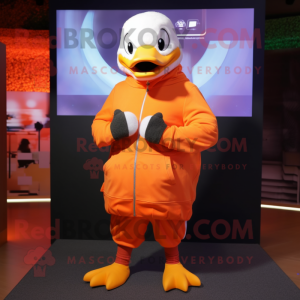 Orange Geese mascot costume character dressed with a Hoodie and Digital watches