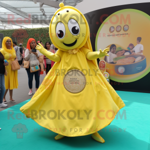 Lemon Yellow Tikka Masala mascot costume character dressed with a Circle Skirt and Coin purses