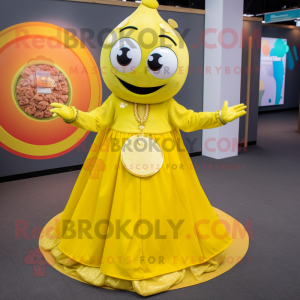 Lemon Yellow Tikka Masala mascot costume character dressed with a Circle Skirt and Coin purses