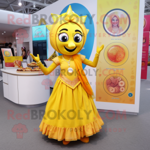 Lemon Yellow Tikka Masala mascot costume character dressed with a Circle Skirt and Coin purses