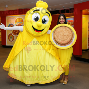 Lemon Yellow Tikka Masala mascot costume character dressed with a Circle Skirt and Coin purses