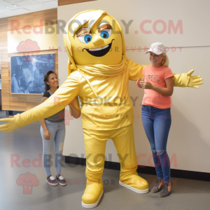 Gold Contortionist mascot costume character dressed with a Mom Jeans and Shoe laces