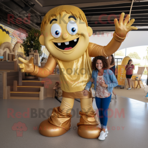 Gold Contortionist mascot costume character dressed with a Mom Jeans and Shoe laces