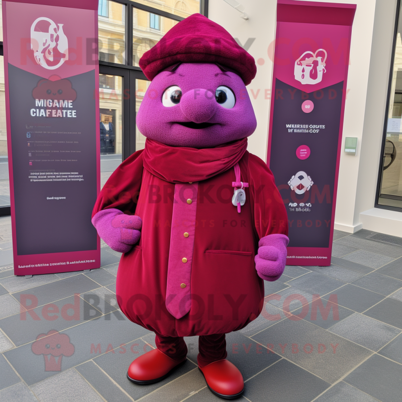 Magenta Grenade mascot costume character dressed with a Coat and Pocket squares Magenta Grenade mascot costume character dressed with a Coat and Pocket squares