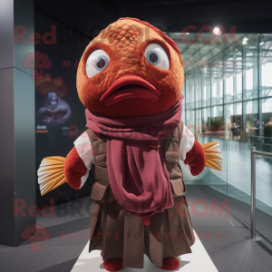Maroon Goldfish mascot costume character dressed with a Vest and Shawls