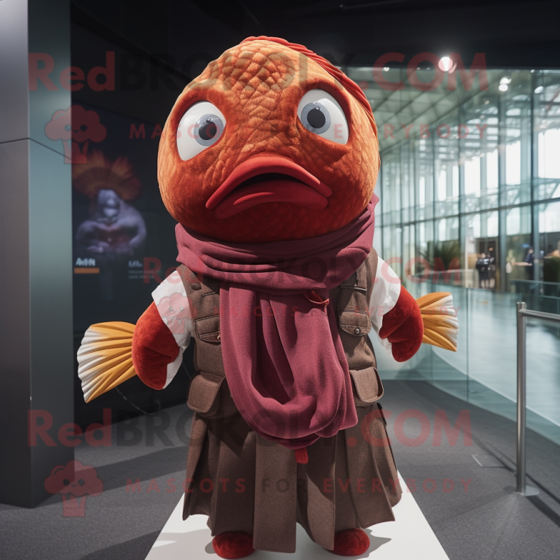 Maroon Goldfish mascot costume character dressed with a Vest and Shawls