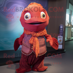 Maroon Goldfish mascot costume character dressed with a Vest and Shawls