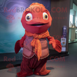 Maroon Goldfish mascot costume character dressed with a Vest and Shawls