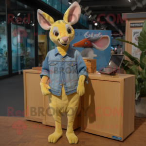 Lemon Yellow Kangaroo mascot costume character dressed with a Denim Shirt and Hairpins