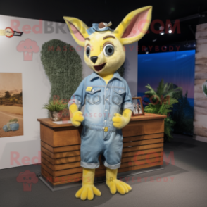 Lemon Yellow Kangaroo mascot costume character dressed with a Denim Shirt and Hairpins