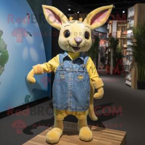 Lemon Yellow Kangaroo mascot costume character dressed with a Denim Shirt and Hairpins