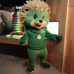 Forest Green Hedgehog mascot costume character dressed with a Vest and Digital watches