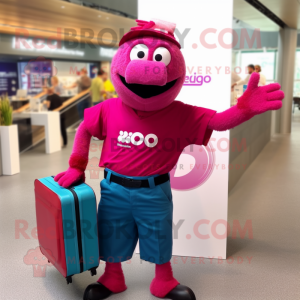 Magenta Paella mascot costume character dressed with a Polo Shirt and Briefcases