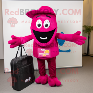 Magenta Paella mascot costume character dressed with a Polo Shirt and Briefcases