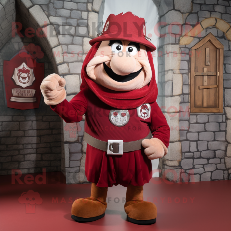 Maroon Irish Castle mascot costume character dressed with a Cargo Pants and Rings Maroon Irish Castle mascot costume character dressed with a Cargo Pants and Rings