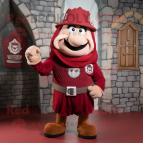 Maroon Irish Castle mascot costume character dressed with a Cargo Pants and Rings