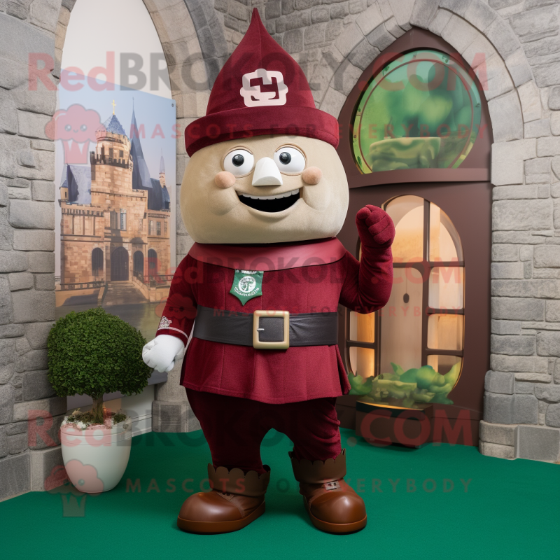 Maroon Irish Castle mascot costume character dressed with a Cargo Pants and Rings