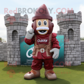 Maroon Irish Castle mascot costume character dressed with a Cargo Pants and Rings