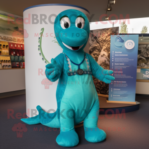 Turquoise Loch Ness Monster mascot costume character dressed with a Trousers and Brooches