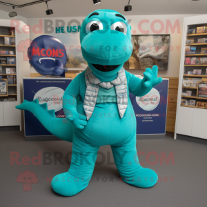 Turquoise Loch Ness Monster mascot costume character dressed with a Trousers and Brooches