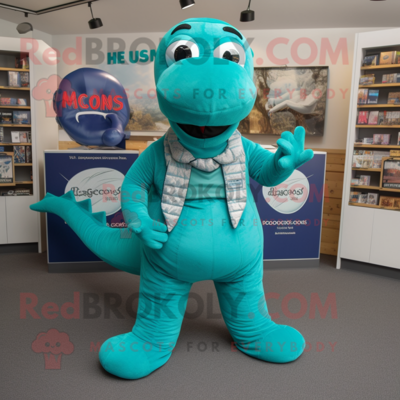 Turquoise Loch Ness Monster mascot costume character dressed with a Trousers and Brooches