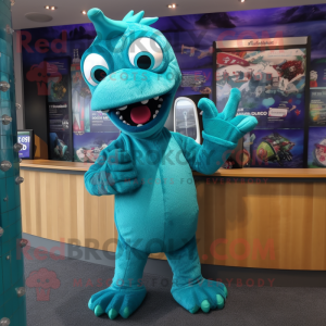 Turquoise Loch Ness Monster mascot costume character dressed with a Trousers and Brooches