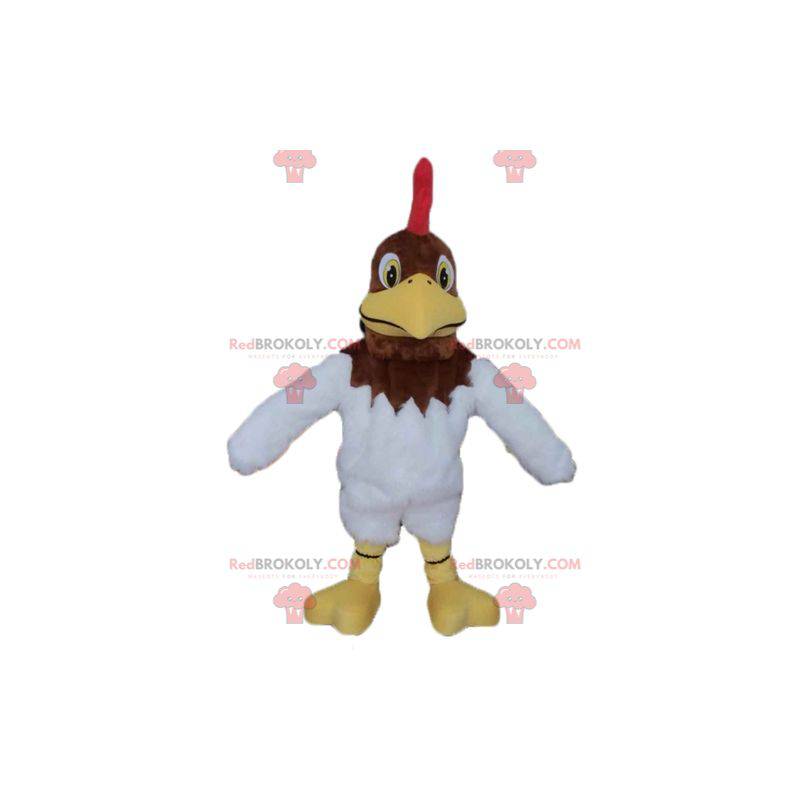 Mascotte de coq marron et blanc avec une crête rouge -