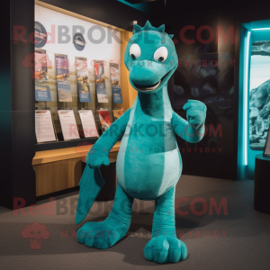 Turquoise Loch Ness Monster mascot costume character dressed with a Trousers and Brooches