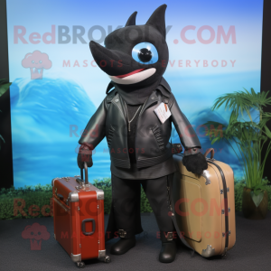 Black Swordfish mascot costume character dressed with a Leather Jacket and Briefcases