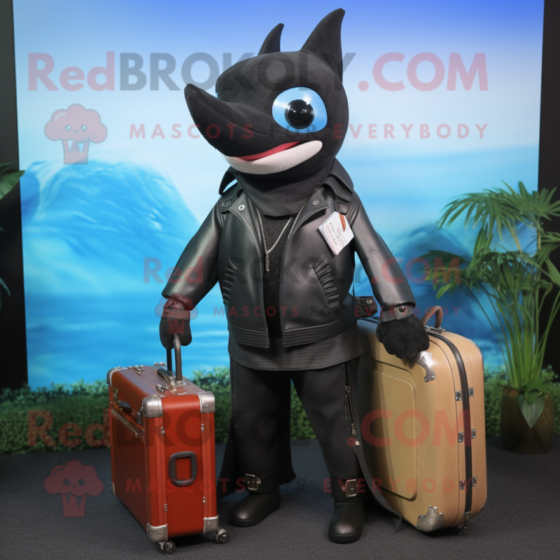 Black Swordfish mascot costume character dressed with a Leather Jacket and Briefcases
