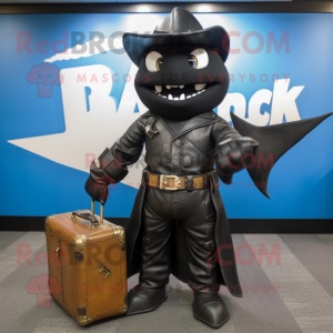 Black Swordfish mascot costume character dressed with a Leather Jacket and Briefcases