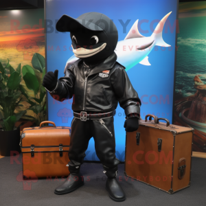 Black Swordfish mascot costume character dressed with a Leather Jacket and Briefcases