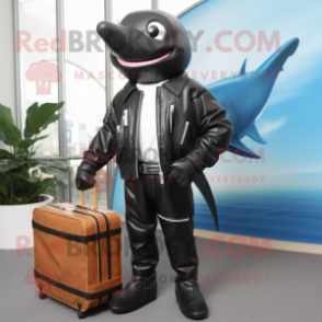 Black Swordfish mascot costume character dressed with a Leather Jacket and Briefcases