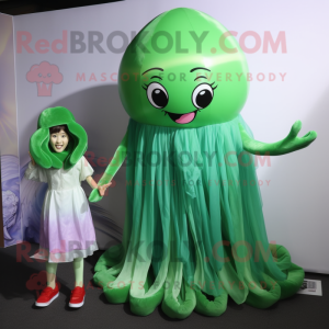 Green Jellyfish mascot costume character dressed with a A-Line Dress and Keychains