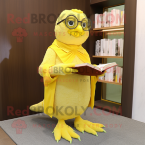 Lemon Yellow Quail mascot costume character dressed with a A-Line Dress and Reading glasses