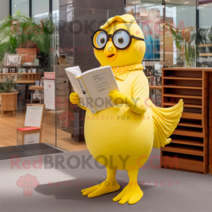 Lemon Yellow Quail mascot costume character dressed with a A-Line Dress and Reading glasses