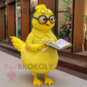 Lemon Yellow Quail mascot costume character dressed with a A-Line Dress and Reading glasses