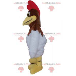 Mascota de gallo marrón y blanco con una cresta roja -