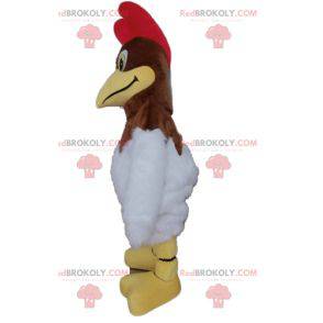Mascota de gallo marrón y blanco con una cresta roja -