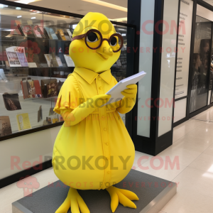 Lemon Yellow Quail mascot costume character dressed with a A-Line Dress and Reading glasses