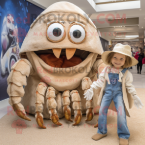 Tan Hermit Crab mascot costume character dressed with a Mom Jeans and Brooches