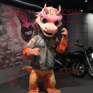 Peach Dragon mascot costume character dressed with a Biker Jacket and Berets