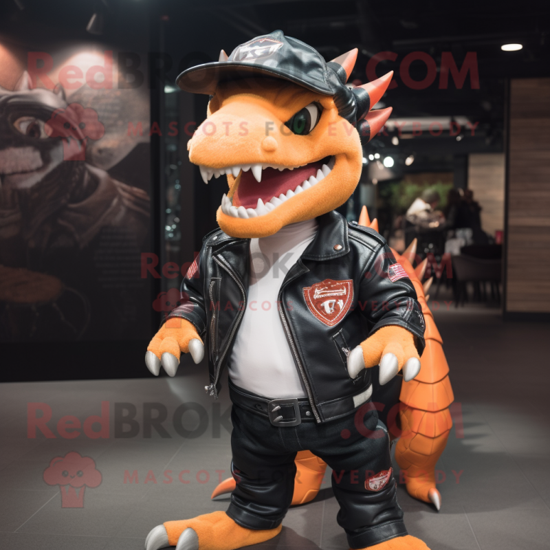 Peach Dragon mascot costume character dressed with a Biker Jacket and Berets