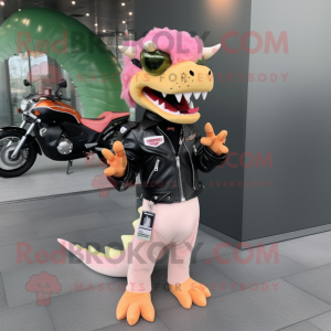 Peach Dragon mascot costume character dressed with a Biker Jacket and Berets