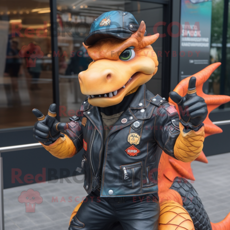 Peach Dragon mascot costume character dressed with a Biker Jacket and Berets Peach Dragon mascot costume character dressed with a Biker Jacket and Berets
