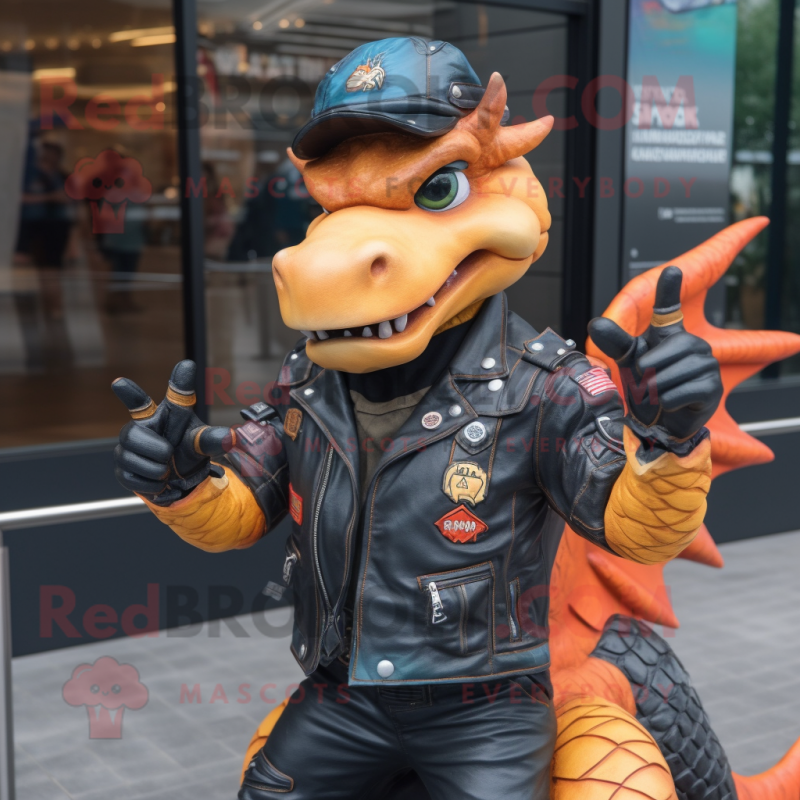 Peach Dragon mascot costume character dressed with a Biker Jacket and Berets