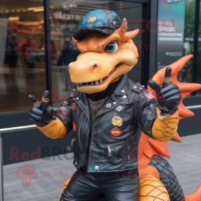 Peach Dragon mascot costume character dressed with a Biker Jacket and Berets