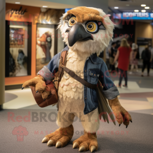 Tan Haast'S Eagle mascot costume character dressed with a Denim Shorts and Suspenders