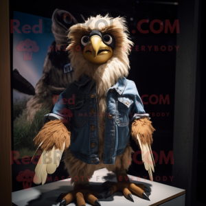 Tan Haast'S Eagle mascot costume character dressed with a Denim Shorts and Suspenders