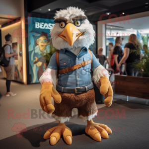 Tan Haast'S Eagle mascot costume character dressed with a Denim Shorts and Suspenders